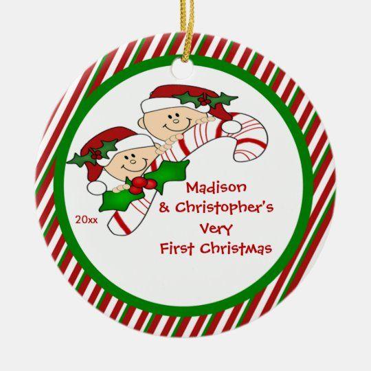 Personalized Ornament Candy Cane Twin’S First Christmas Customized Circle Ornament