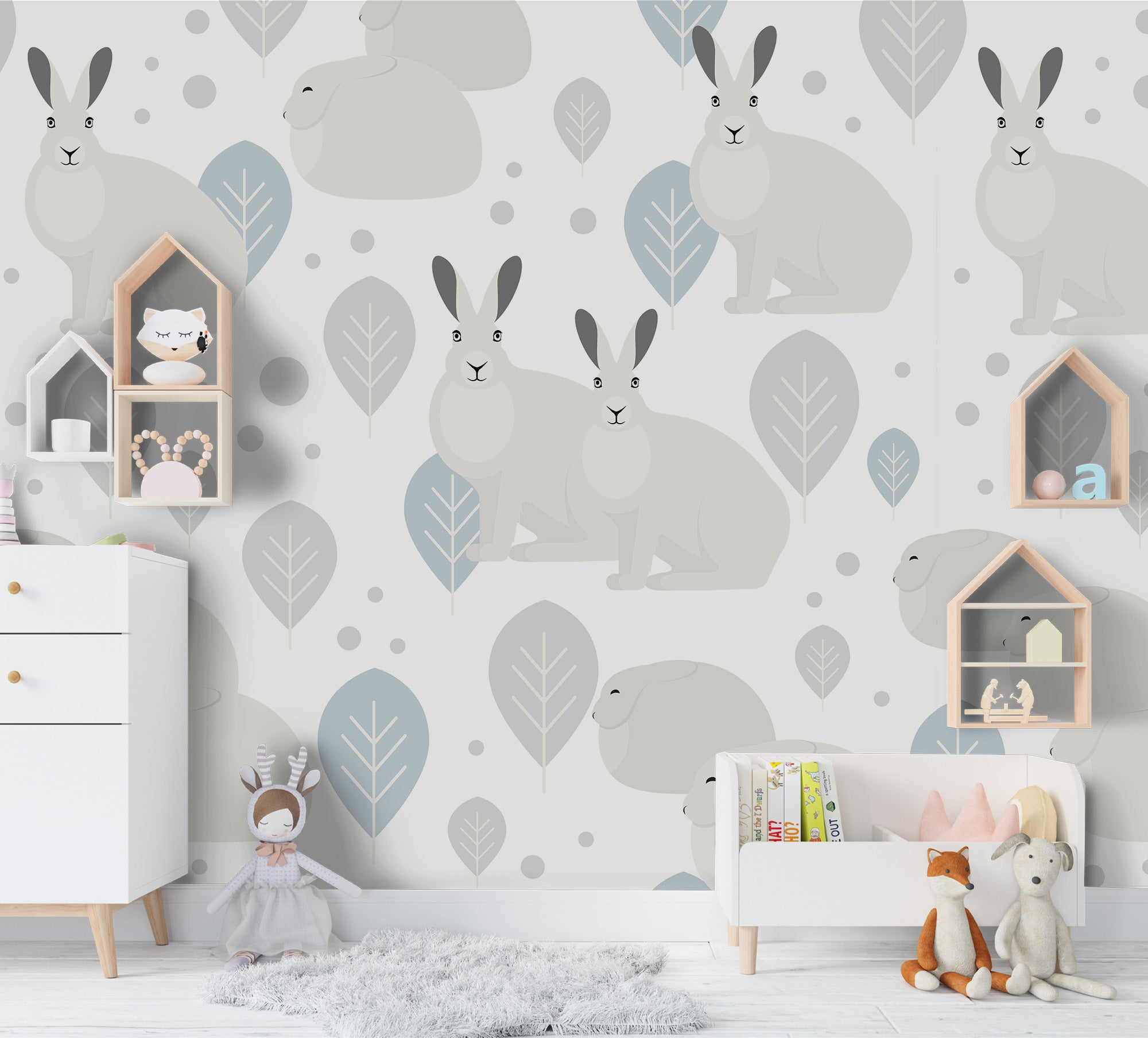 3D Cartoon Grey Rabbit Tree Wall Mural Wallpaper 96