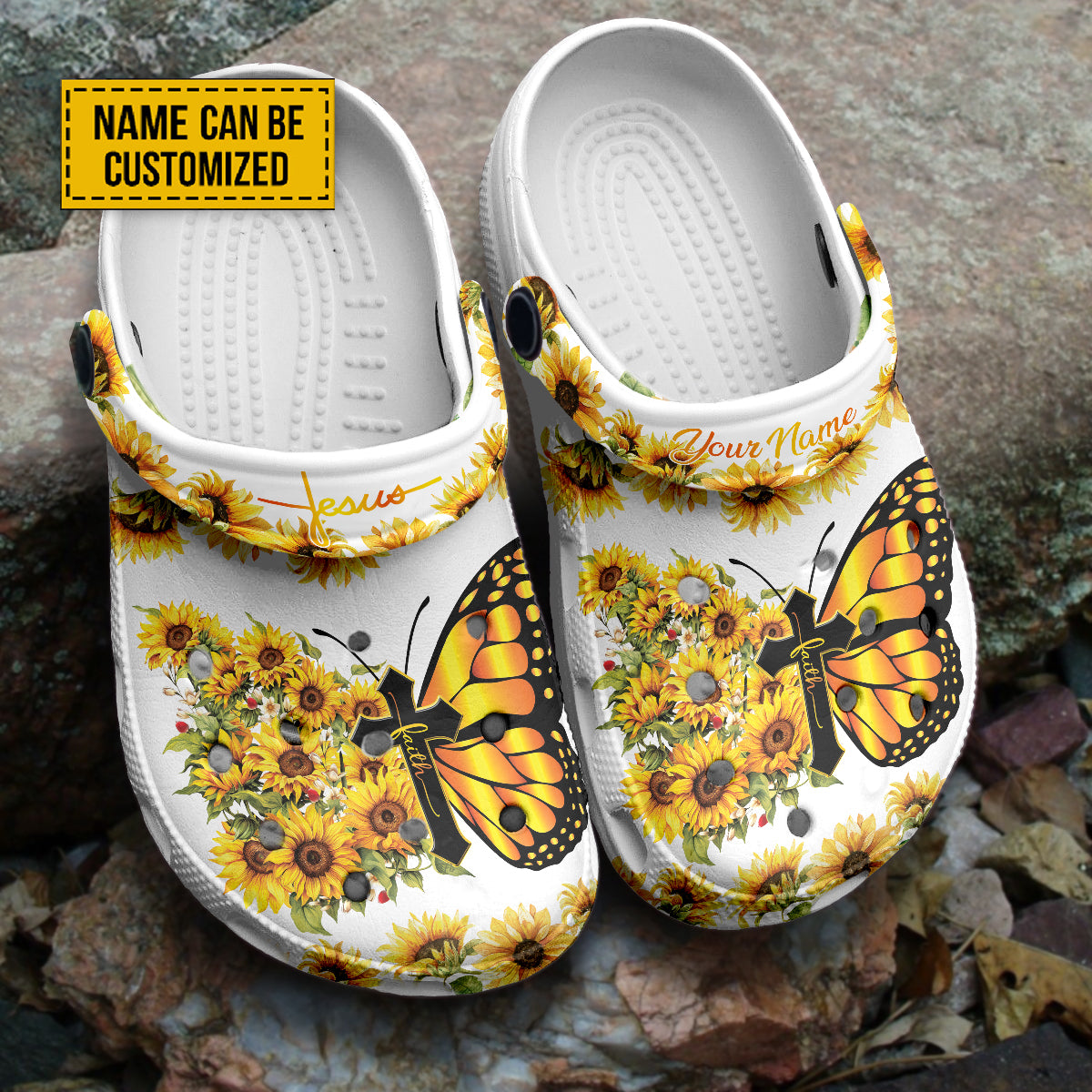 Butterfly Flowers And Cross Customized Crocs Crocband Clogs Shoes Comfortable For Men Women and Kids Gift For Jesus Lovers