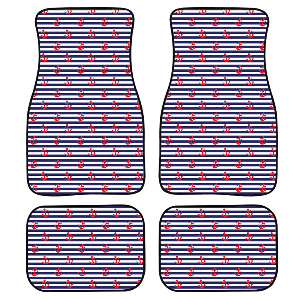 Blue Striped Nautical Anchor Print Front And Back Car Floor Mats, Front Car Mat