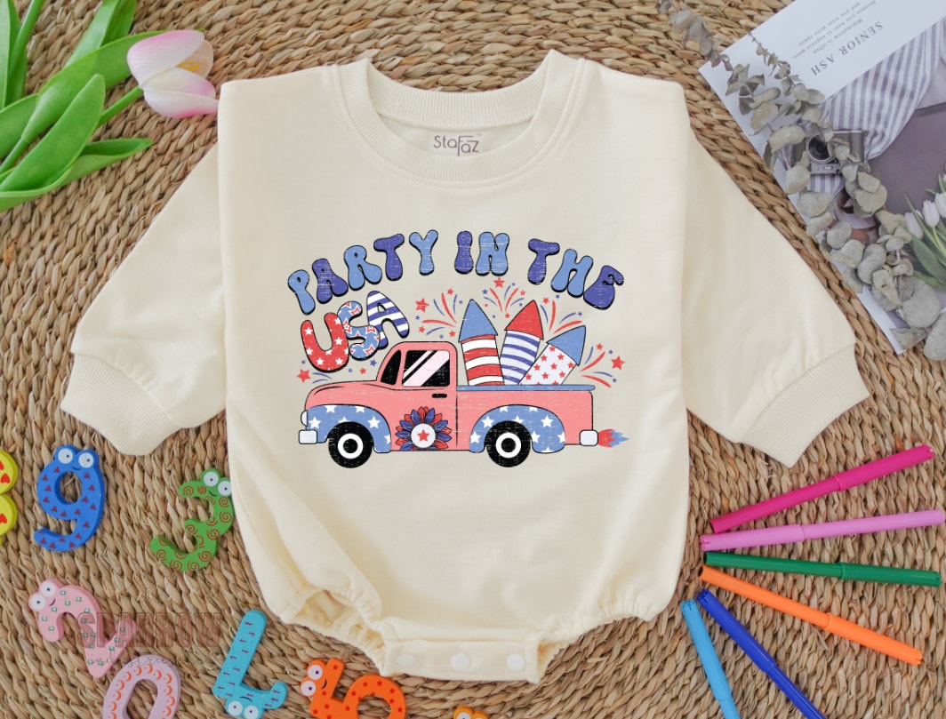 STAFAZ – Party in the USA Baby Romper, Fourth of July Baby Onesie, Patriotic Natural Bodysuit, Cute Memorial Day Romper, Vintage Onesie