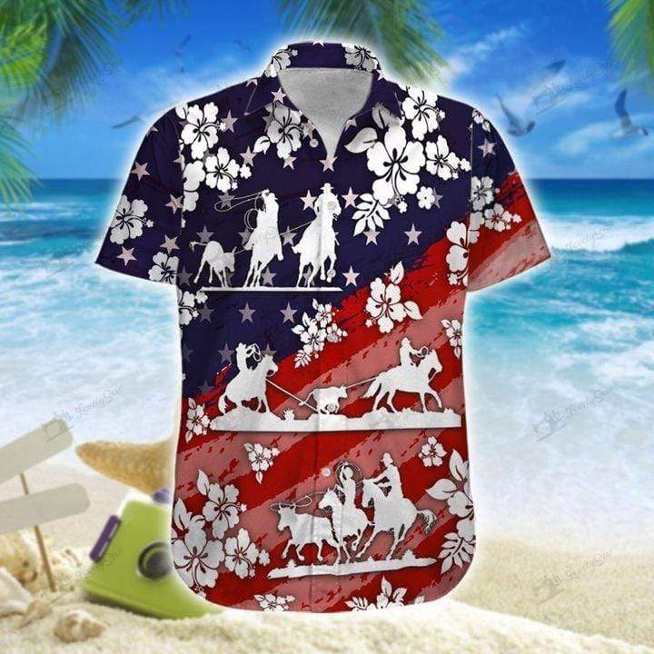 Amazing Us Team Roping Red Navy Color Unisex Hawaiian Shirts – Beach Shorts