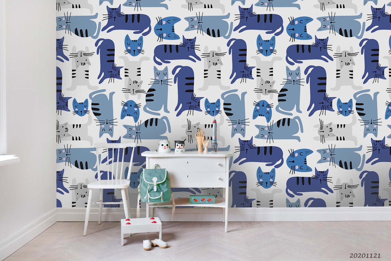 3D Cartoon Animal Cat Blue Wall Mural Wallpaper Lqh 73