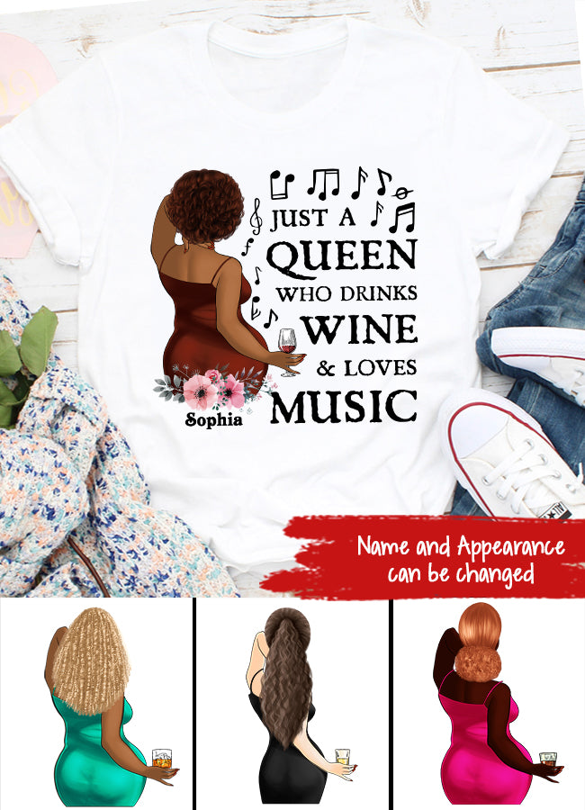 Just A Queen Loves Music & Wine, Personalized Shirt, Gift For Black Queen, Music Lovers, Wine Lovers