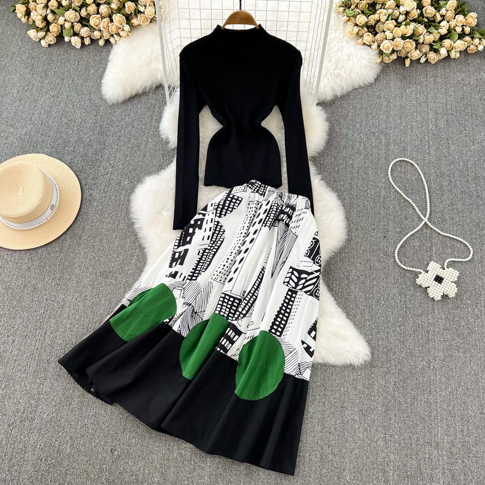 Women Knit Two Piece Set Elegant Knitted Sweater Top And Fashion Spliced High Waist Skirt Set New 2 Piece Sets Womens Outifits alx