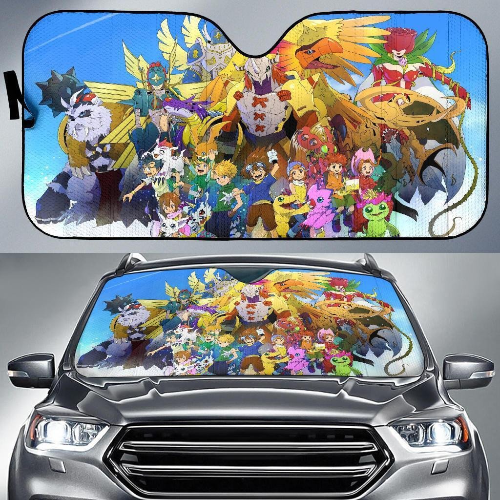 Digimon Digital Monsters Car Sun Shade 3D Printed In Blue Background