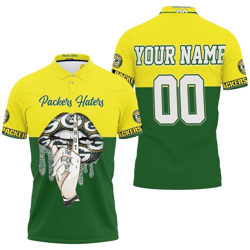 Green Bay Packers Hatter Shut The F Up Shhh Glitter Pattern Lips Fan 3D Personalized Polo Shirt