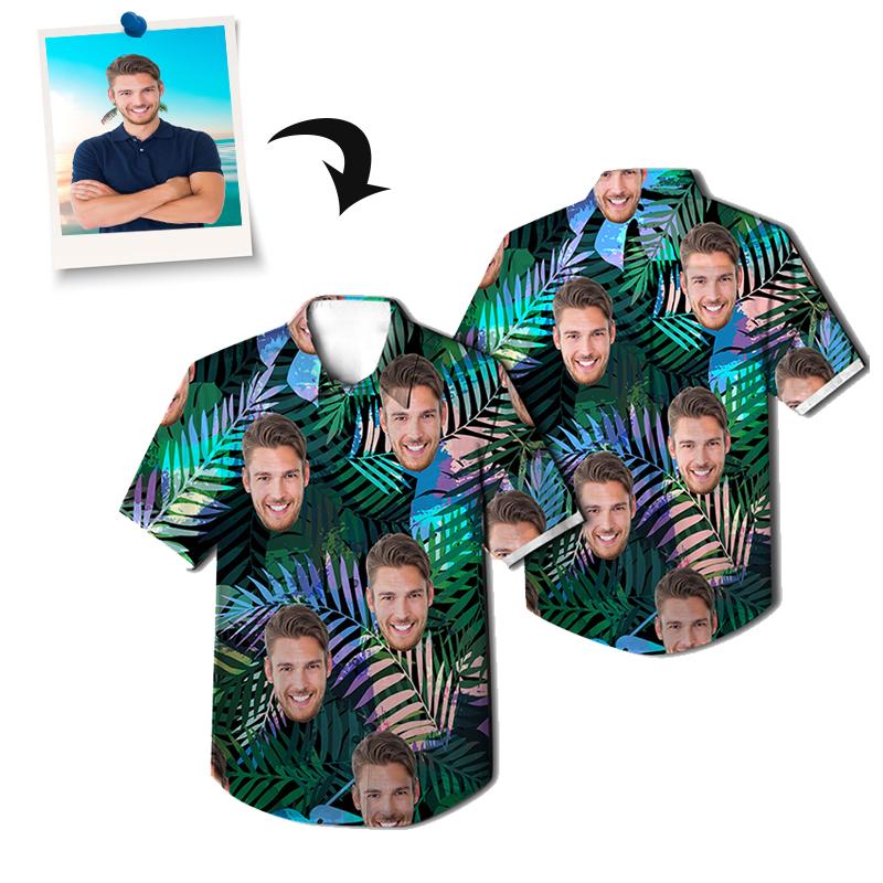 Custom Photo Hawaii Shirts Neon Tropical Leaves Face Shirt All Over Ha97755