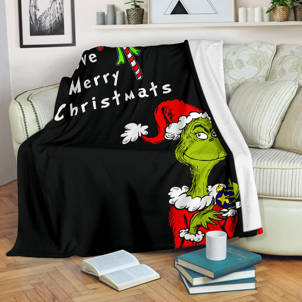 Christmas Fleece Blankets | Grinch Love Merry Christmats Candy Cane And Bomb Fleece Blanket Na100401