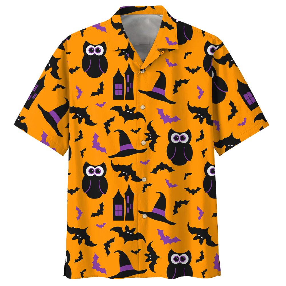 Owl Halloween Pattern Orange Hawaii Unisex Print Aloha Short Sleeve Casual Shirt Ha63898