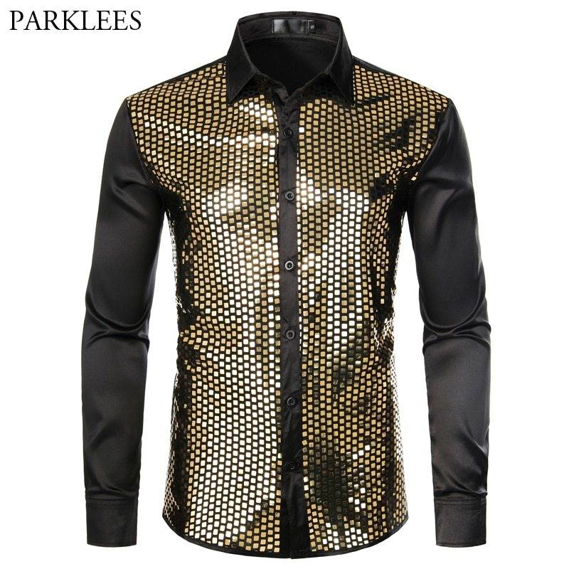 Shiny Gold Sequin Black Silk Dress Shirts – Sifoztees Store