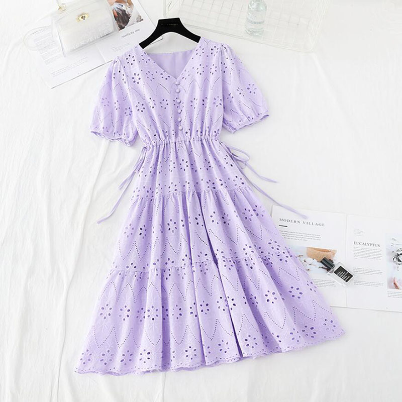 Women Summer Dress V-neck Hollow out Solid Cotton linen Dresses 2021 High Waist Vintage A-line Slim Ruffle Midi Dress alx