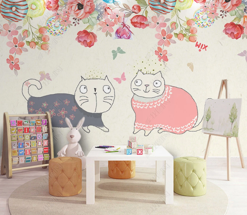 3D Cartoon Cat Animal Colorful Floral Plant Butterfly Background Wall Mural Wallpaper Lxl