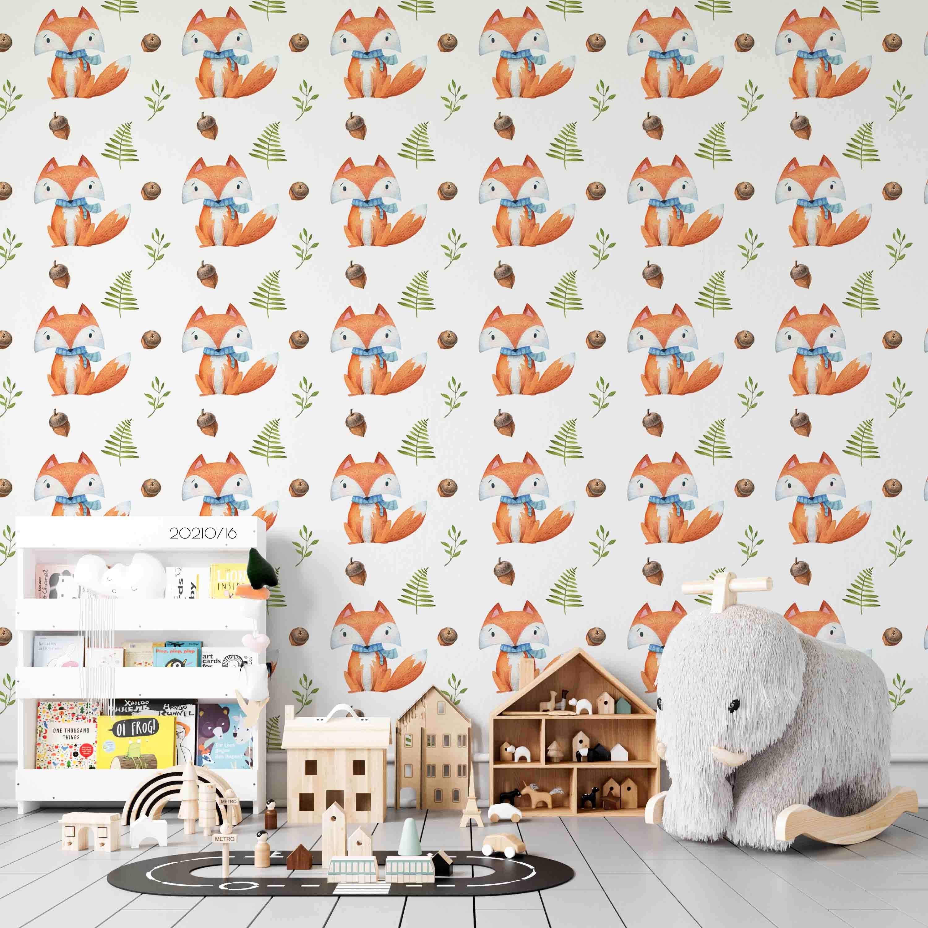 3D Cartoon Animal Fox Leaf Wall Mural Wallpaper Lqh 244