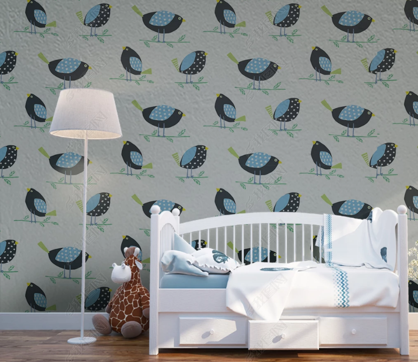 3D Hand Drawn Animal Blue Bird Wall Mural Wallpaper Lqh 250