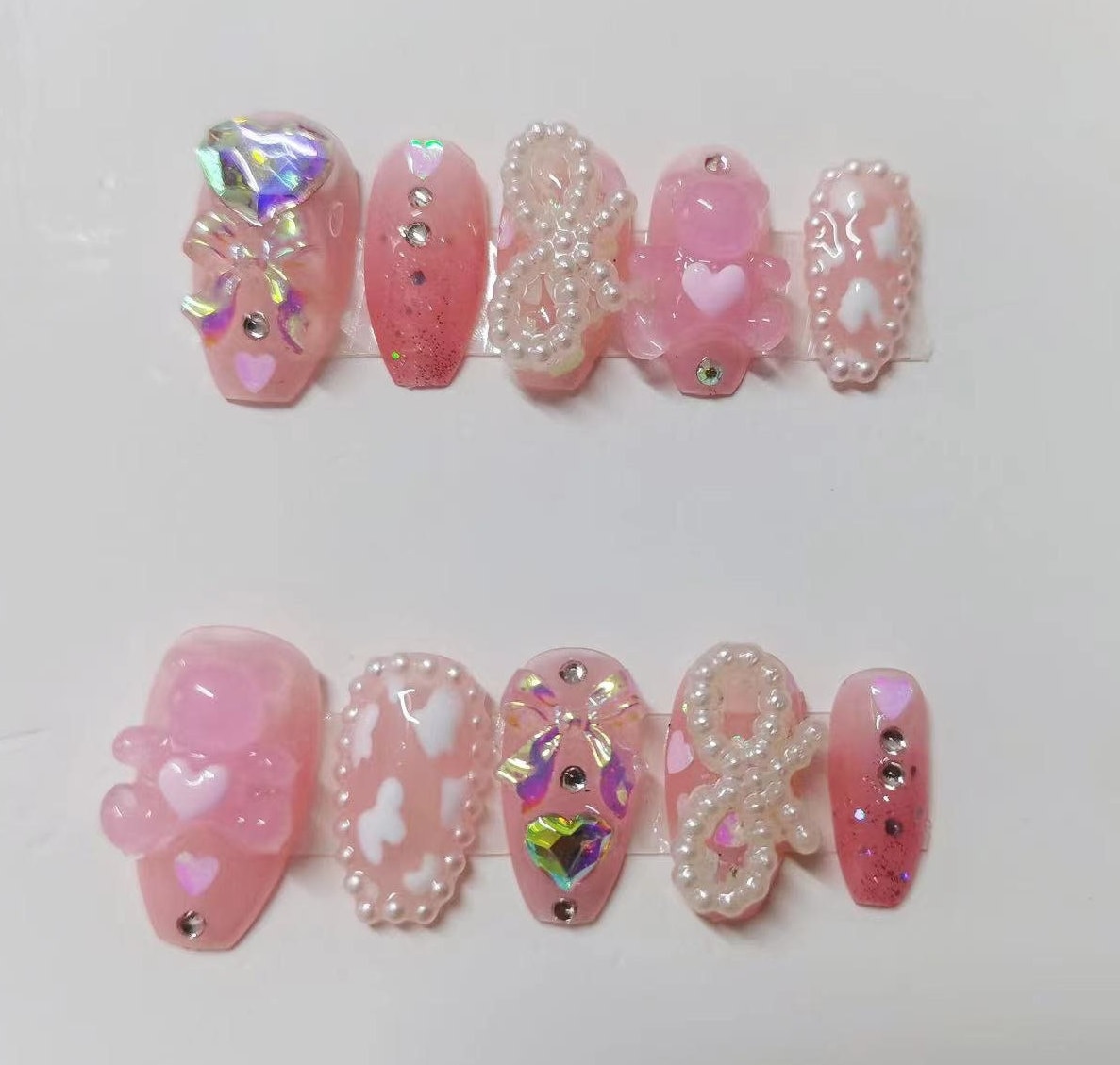 Pink Cute Bear and Pearl Bow Press On nails/ Princess Fake nails/pink cow cute nails/Pink Rhinestone Nails #44