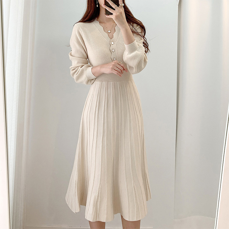 Vintage One Piece Korean Pleated Dress Long Sleeve Slim Woman Sweater Dresses Knitted Elegant Midi Party Woman Dress Autumn 2022 alx