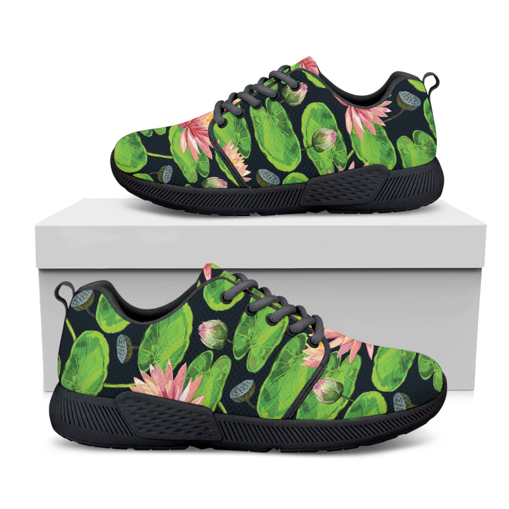 Water Lily Flower Pattern Print Black Athletic Shoes