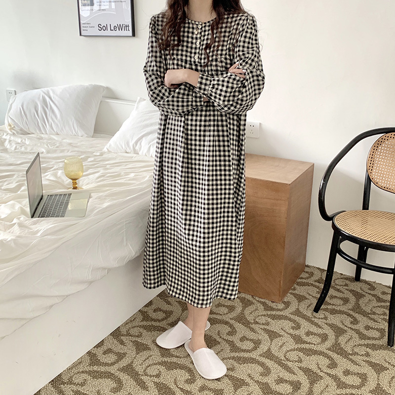 4 color loose plaid nightgowns women long sleeve loose spring autumn homewear dresses ladies long nightdress casual korean Y954 alx