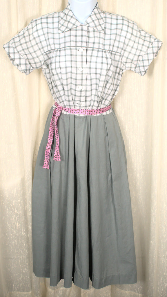 1950s Vintage Gray Plaid Shirt Dress