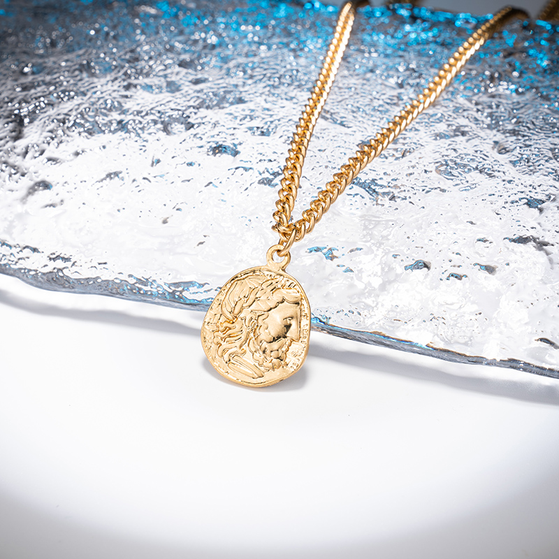 Carved Gold Coin Pendant Necklace for Women Girls Men 925 Sterling Silver 18K Gold Plated Simple Round Chain Goddess Worship alx