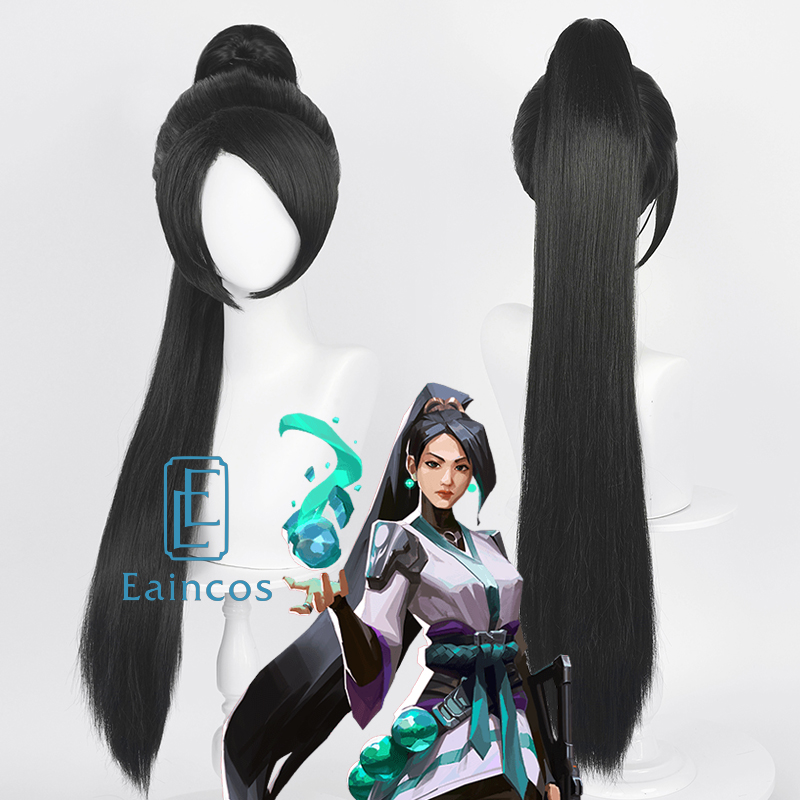 Valorant Sage Cosplay Halloween Party Wig Long Black Women Wigs with Ponytail Heat Resistant Synthetic Hair alx