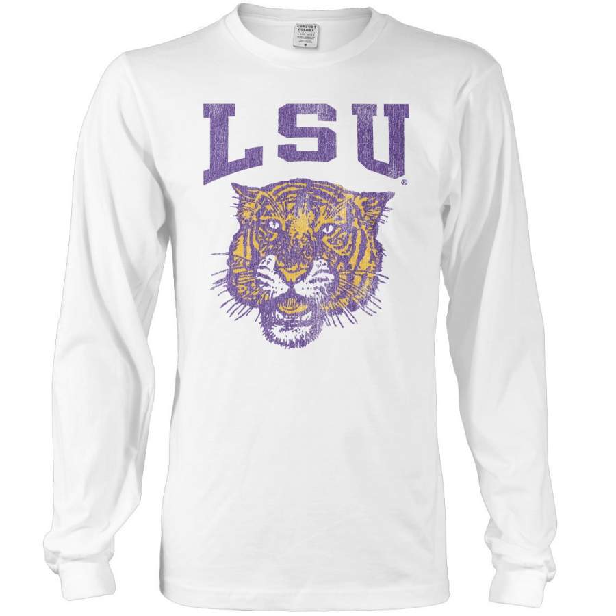 B&B Dry Goods LSU Tigers 78 Tiger Arch Garment Dyed Long Sleeve T-Shirt – White