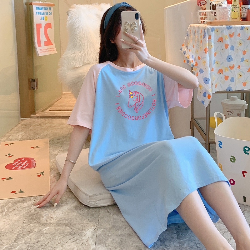 2021 New Summer Short Sleeve 100% Cotton Nightgown for Women Korean Long Dress Sleepwear Loose Nightdress Night Gown Home Nighty alx