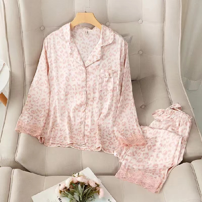 Women Sleepwear Set Autumn Pajama Set Turn Down Collar Faux Silk Satin Lace Long Sleeve Pink Leopard Female Pijama Home Wear alx