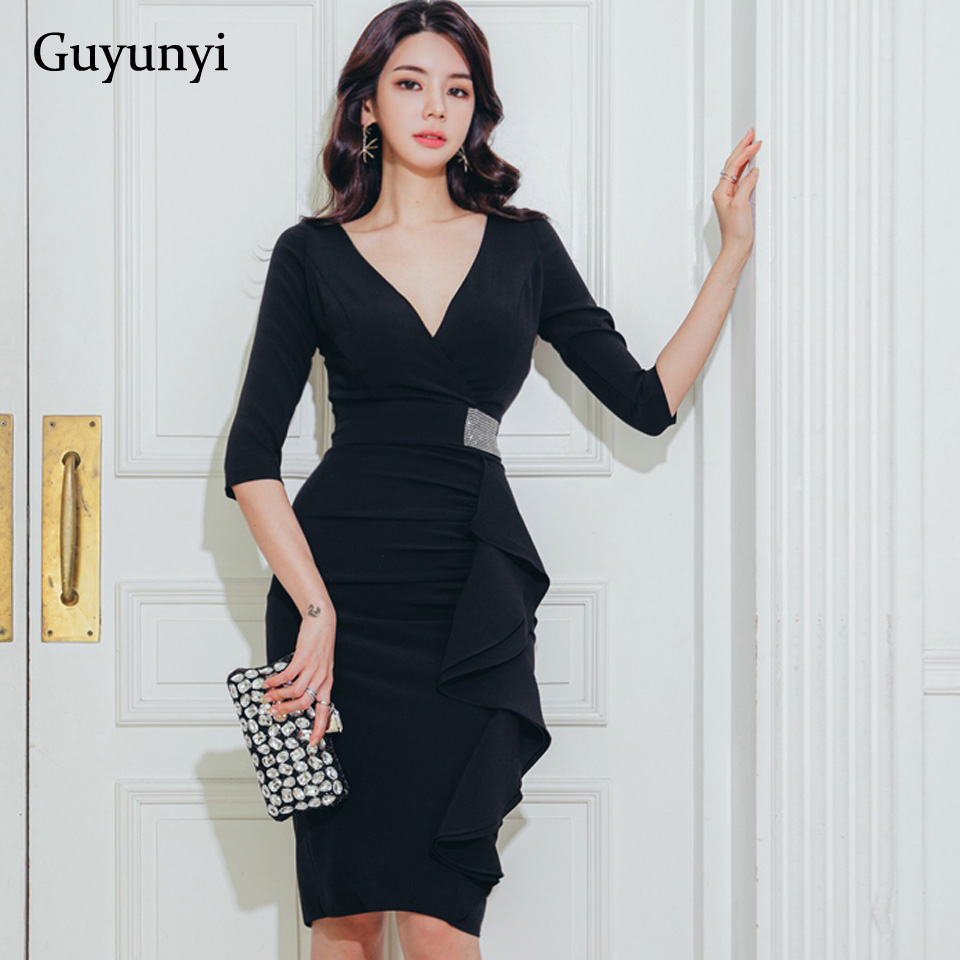 Black High Waist Elegant Pencil Dress 2022 Spring Autumn Tight Warm Dress Half Sleeve Side Decorative Ruffles Office Dress alx