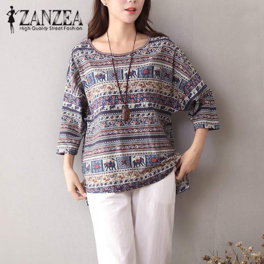ZANZEA 2018 Women Autumn Boho Floral O Neck 3/4 Sleeve Blouse Casual Vintage Shirt Cotton Linen Baggy Top Blusas Tunic Plus Size