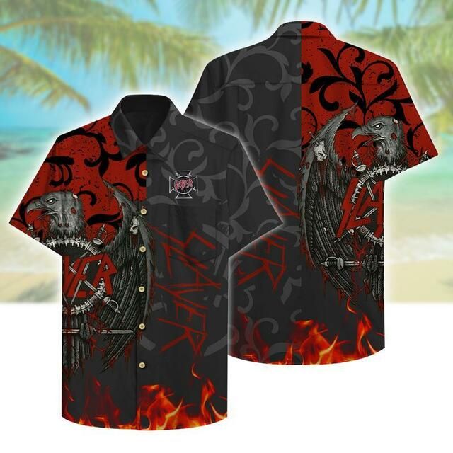 Slayer Hawaii V Graphic Print Short Sleeve Hawaii Casual Shirt Ha2035