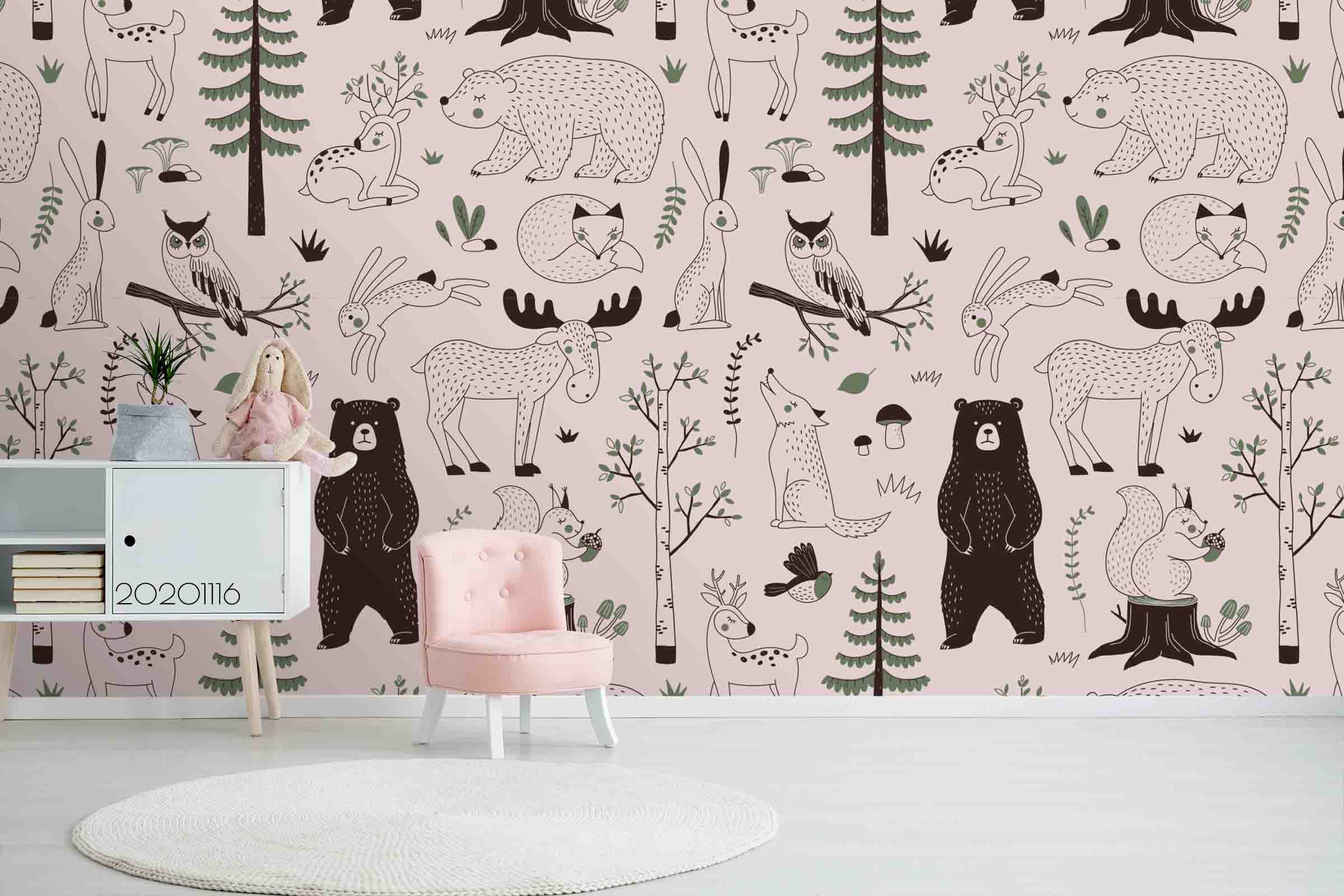 3D Hand Drawn Cartoon Bear Buck Wolf Animal Plant Pattern Wall Mural Wallpaper Lxl