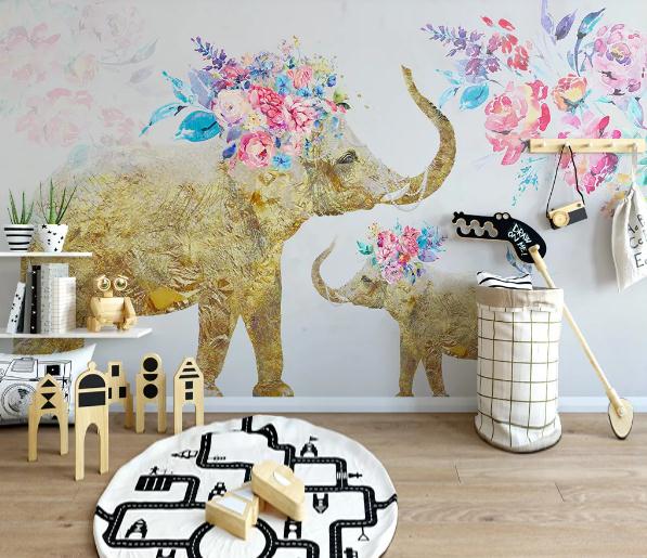 3D Hand Painting Golden Elephant Floral Wall Mural Wallpaper 145