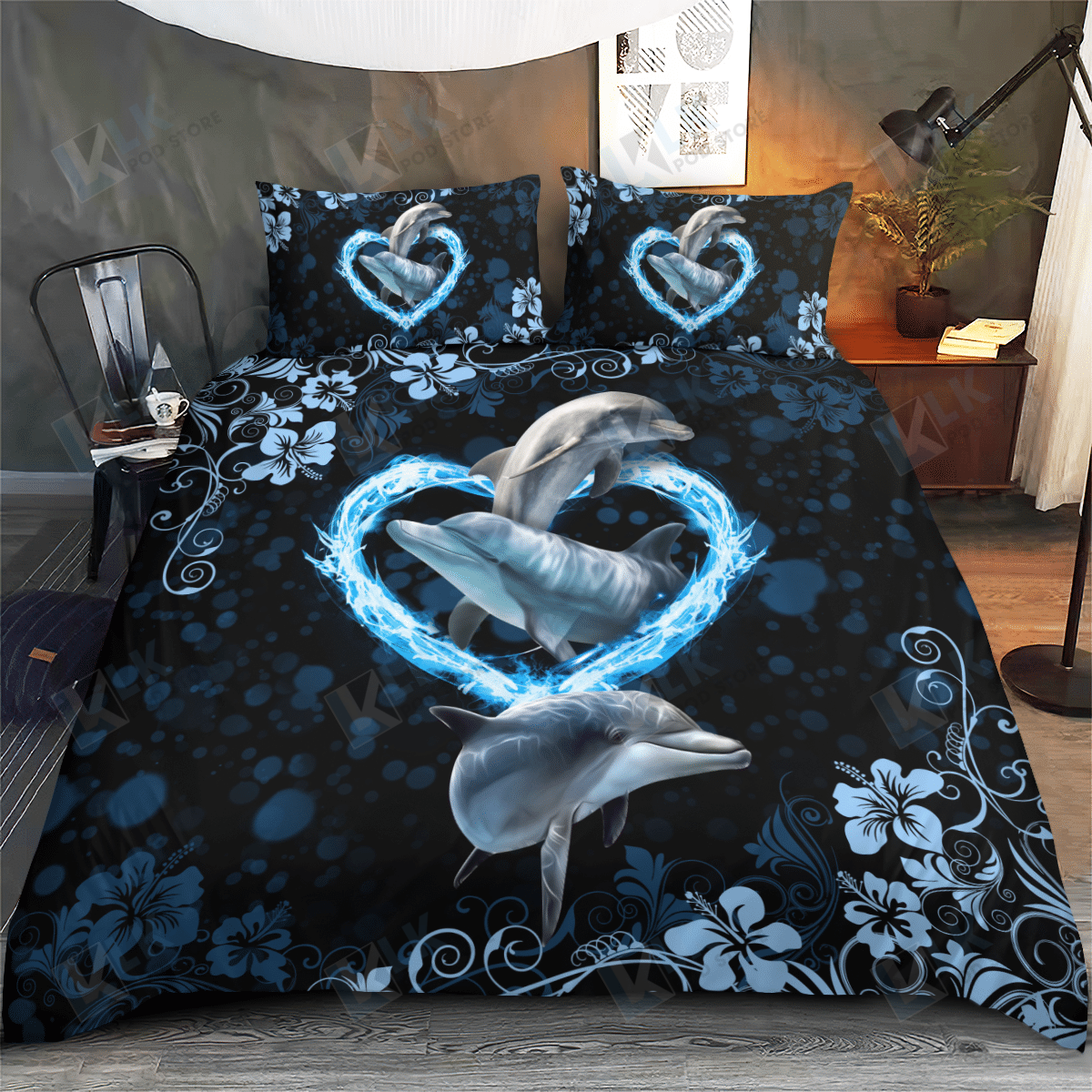 DOLPHIN Bedding Set Heart Love | Duvet cover, 2 Pillow Shams, Comfortable, Pet Lovers