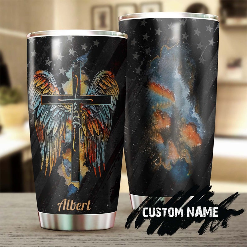 Faith Bible Cross Angel Wings Personalized Tumbler-Birthday Christmas Gift For Jesus Catholic Christians