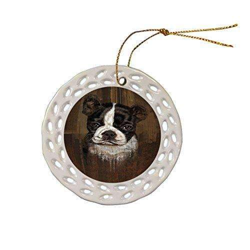 Rustic Boston Terrier Puppy Ceramic Doily Ornament Dpor48210