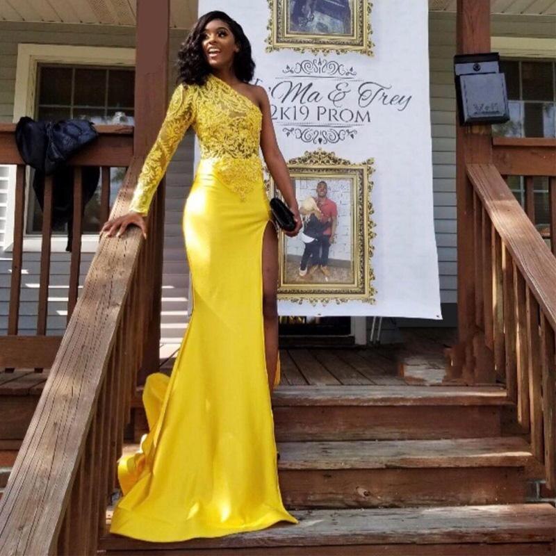 Yellow Mermaid Prom Dresses Black Girl One Shoulder Side Splits Long Sleeve Sweep Train Lace Illusion Formal Evening Party Gowns alx