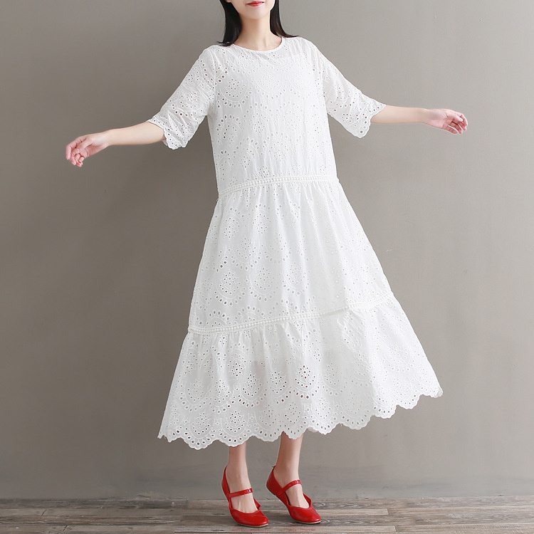 Women Elegant Embroidered Dress Lace Hollow Out White Dresse Casual O-Neck Solid Streetwear Party Midi Dress Loose Vintage Dress alx