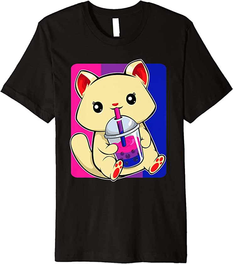 Bisexual Cat Drinking Boba LGBT-Q Kawaii Kitten Bi Pride Premium T-Shirt