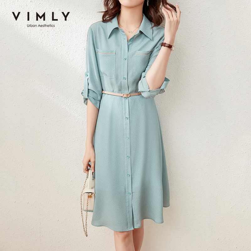 VIMLY Vintage Women Dress Elegant Button-up Shirt Dress New Dot Full Sleeve Long Dresses Women Clothes Female Vestidos F6332 alx