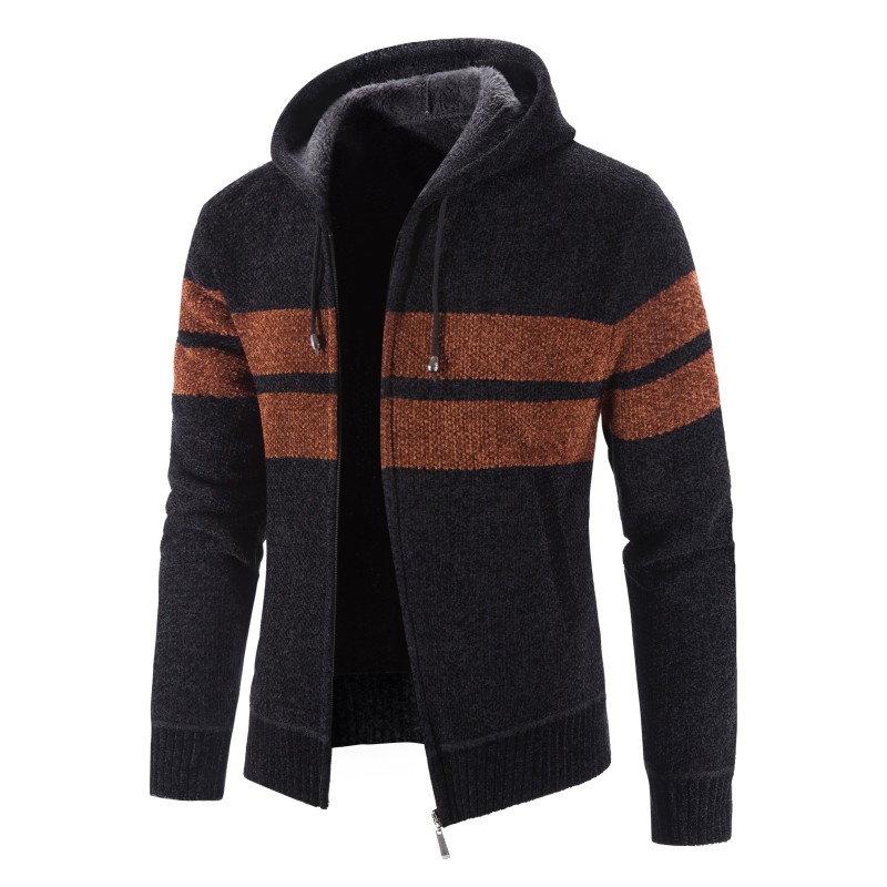 Cardigan Men Hooded Fleece Sweater Outwear Winter Warm Sweatercoat Men Casual Stripe Hooded Cardigan Mens Knitted Sweater Coats alx