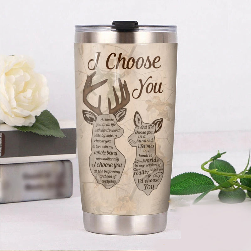 Deers Couple I Choose You To Do Life Stainless Steel Skinny Tumbler Bulk, Double Wall Vacuum Slim Water Tumbler Cup With Lid, Reusable Metal Travel Coffee Mug