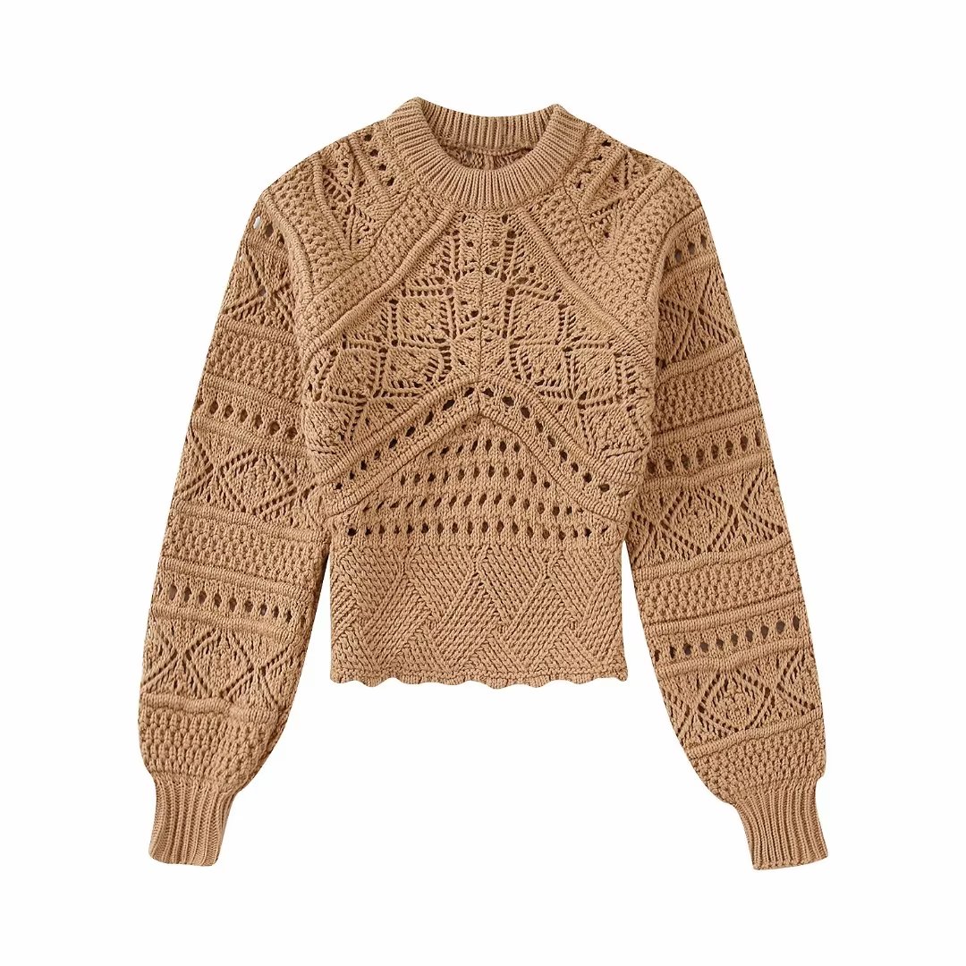 TRAF Camel Knitted Sweater Women Pullover Cropped Sweater Woman Autumn Hollow Out Crop Top Women Long Sleeve Sweaters for Women alx