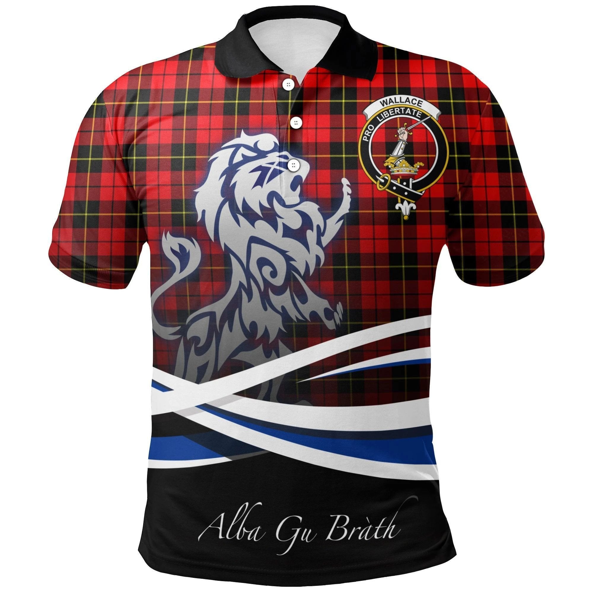 Wallace Hunting – Red Clan Polo Shirt, Scottish Tartan Wallace Hunting – Red Clans Polo Shirt Crest Lion Style