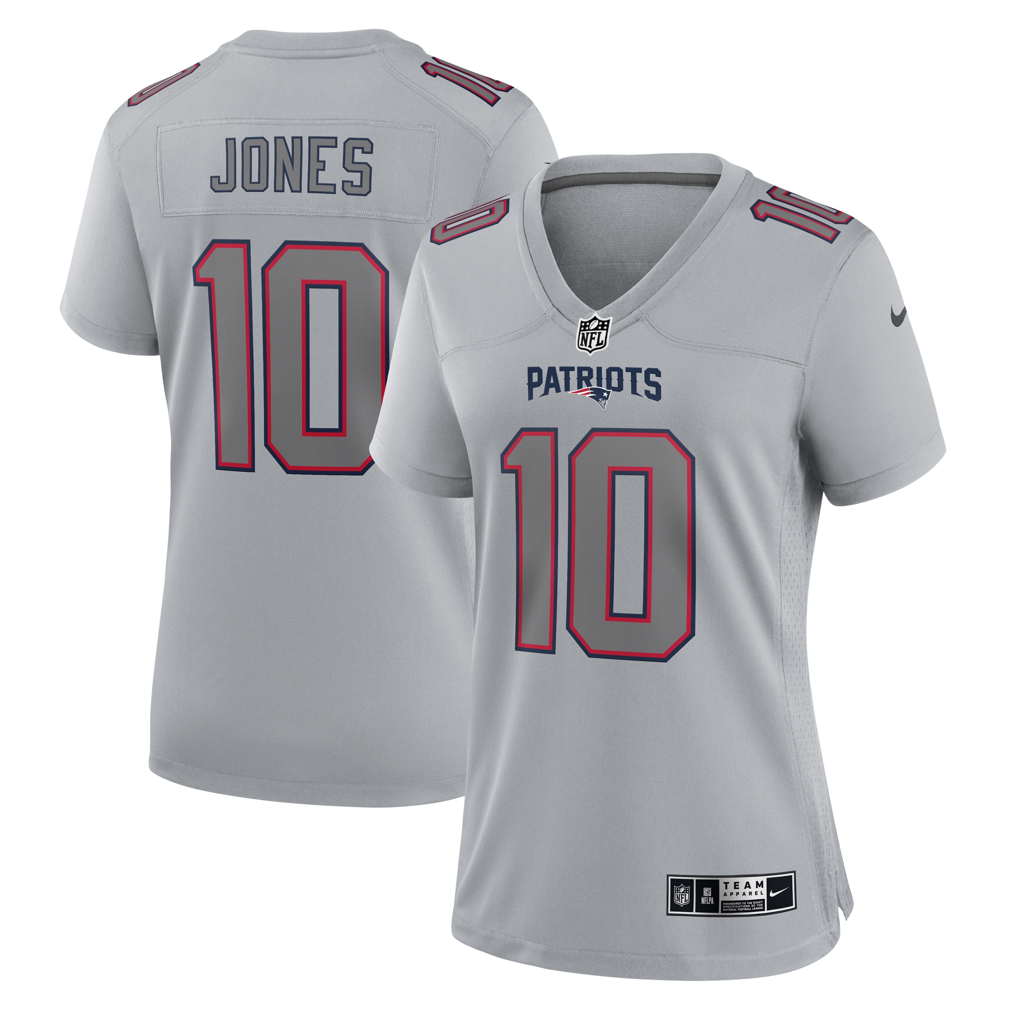 Mac Jones New England Patriots Women's Atmosphere Fashion Game Jersey – Gray