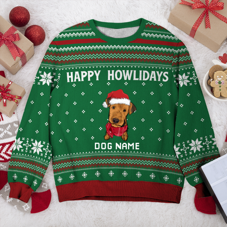 Airedale Terrier Happy Howlidays Personalized Sweater, Dog Ugly Christmas Sweater