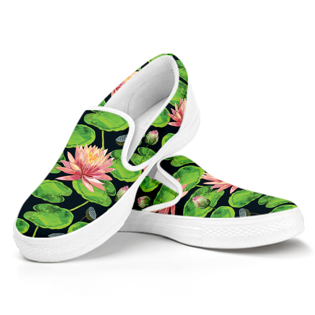 Water Lily Flower Pattern Print White Slip On Shoes