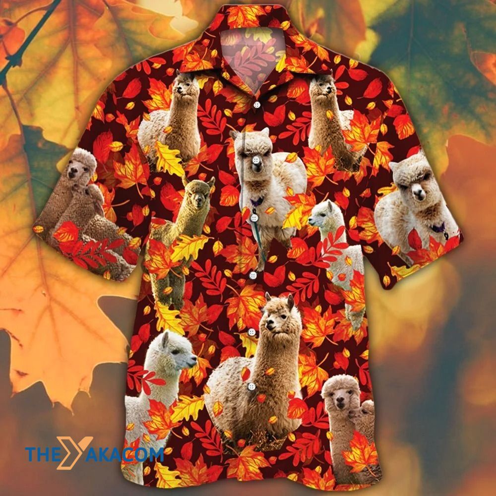 Alpaca Lovers Autumn Red Leaves Pattern Hawaiian Shirt Ha91891