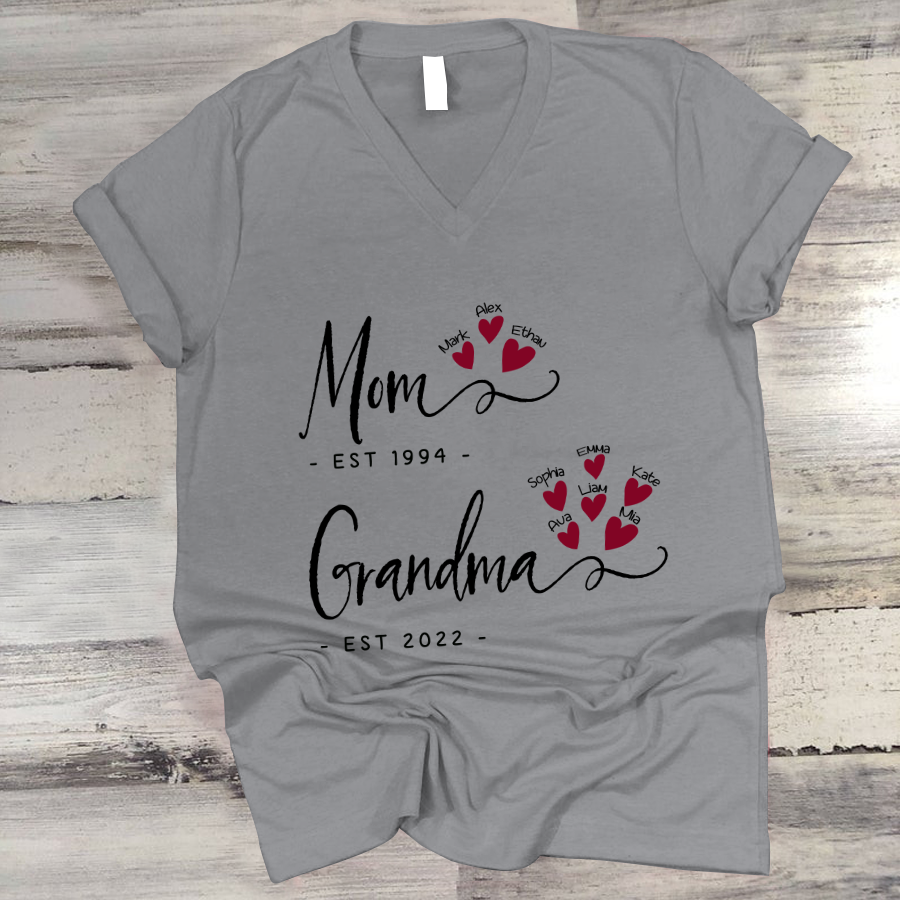 Mom Grandma Est Heart Custom V-Neck